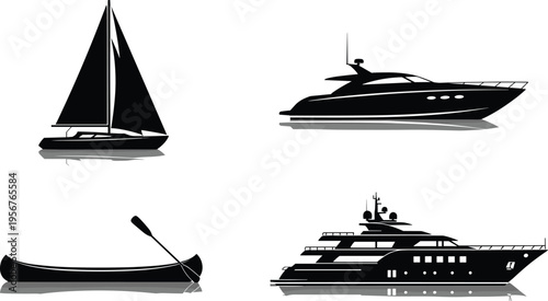 Boat silhouettes vector illustration, sailboat, motor yacht, canoe, luxury yacht with reflections, watercraft design artwork, nautical concept comparison