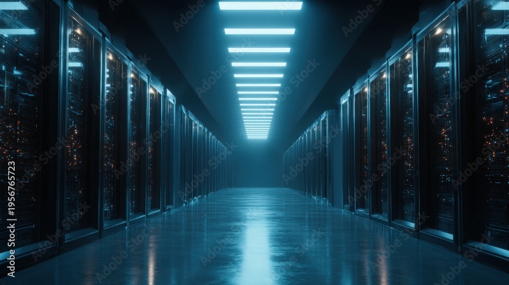 Fototapeta premium massive AI powered data processing room on blurred background