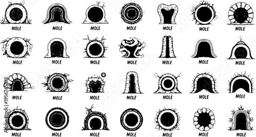 Set of various hand-drawn moleholes and molehills with different designs, black and white sketch style illustrations.