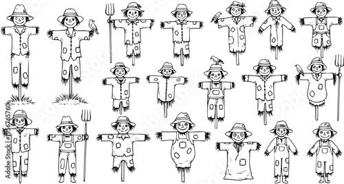 Black and white hand-drawn scarecrow collection for farm and autumn designs. Set of various cartoon scarecrows with happy faces, hats, birds, and pitchforks, vector illustration.