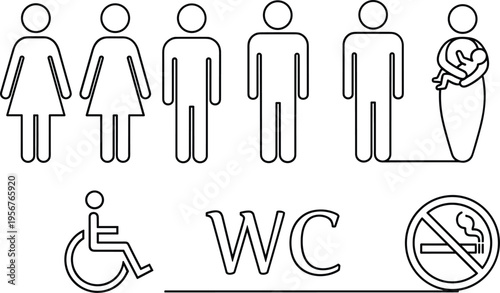 Restroom facility icons vector illustration, men women signs, baby changing symbol, wheelchair accessibility, WC letters, no smoking sign artwork design