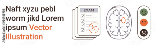 Education, neuroscience, emotional health, learning assessment, brain activity, academic performance. brain structure, exam checklists mood icons. Education and neuroscience concept