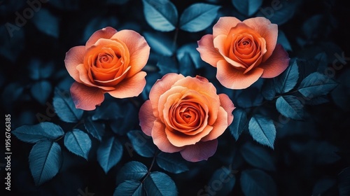 three orange roses surrounded by deep blue-green leaves conveying a serene romantic mood