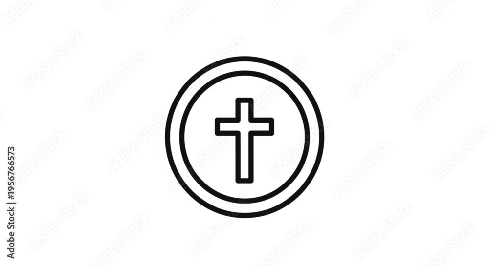 Fototapeta premium Simple black cross symbol within two concentric circles on white background for faith religion or spirituality concepts