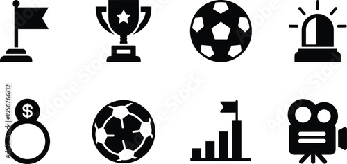 Sports and achievement icons vector illustration, trophy star, soccer ball, finance money bag, siren alert, progress chart, video camera design artwork