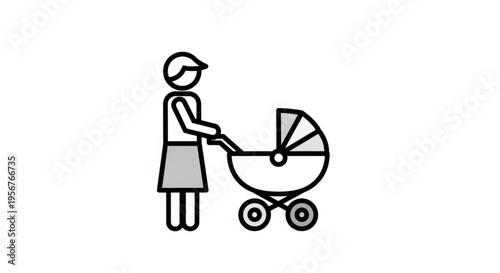 Woman pushing baby stroller in simple line art style on white background