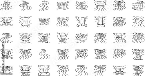 Hand-Drawn Rivers and Waterfalls Outline Icons Collection: Nature Streams, Water Flow, and Cascades Doodles Set