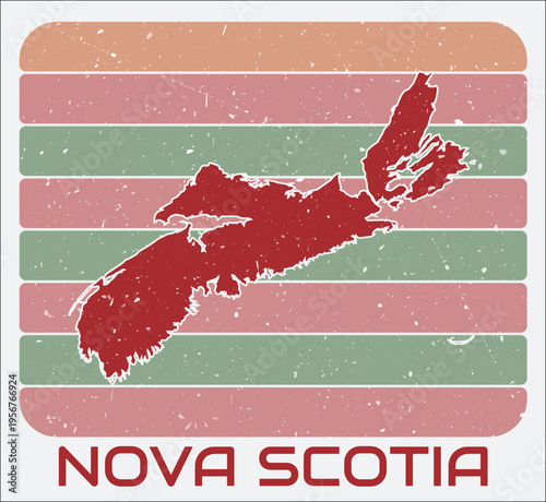 Nova Scotia, Canada vintage logo. Shape of the province on retro colored stripes background. Nova Scotia, Canada map design with grunge scratch texture. Vector illustration.