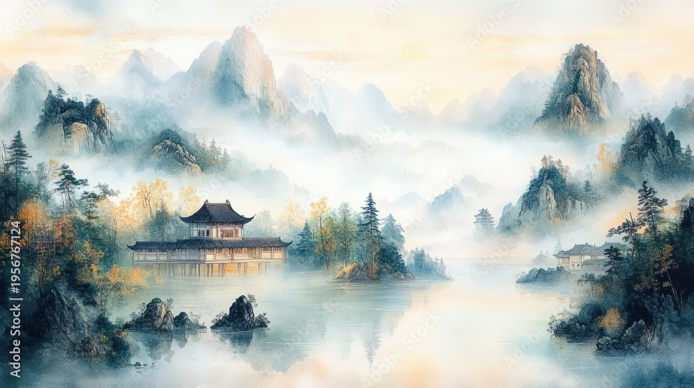 Fototapeta premium Serene misty mountain lake with traditional wooden pavilions, pine trees and rocky peaks reflected in calm water at sunrise