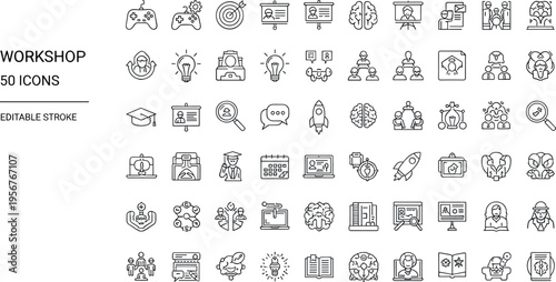 Workshop and training line icon set featuring education learning presentation teamwork brainstorming and creative process symbols for web and app design