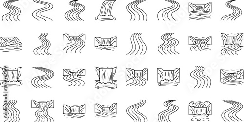 River and Waterfall Line Art Icons Set. Simple Black and White Illustrations of Flowing Streams, Curvy Paths, and Cascades for Nature and Landscape Designs.