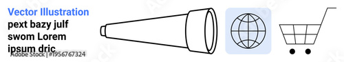 Exploration, global connection, e-commerce, retail, discovery, international trade. A telescope, globe icon and shopping cart outline. Exploration and global connection concept