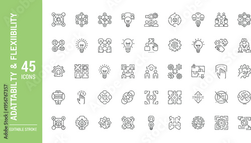 Adaptability and flexibility line icon set featuring innovation teamwork problem solving change management and creative thinking symbols for web design
