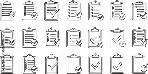 Hand-Drawn Doodle Clipboard Checklist Icons Set with Check Marks. Vector Outline Sketch Collection for Task Completion, Success, Approval, and To-Do List Concepts.