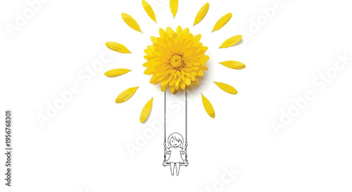 A whimsical illustration of a girl swinging from a sunflower blossom