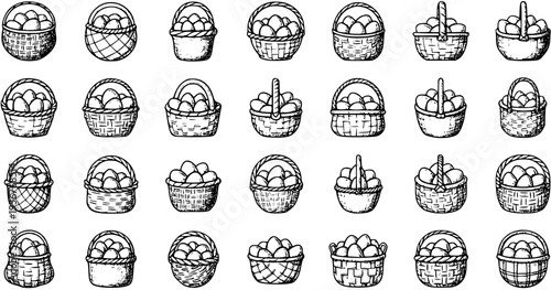 Hand-Drawn Easter Eggs Baskets Collection. Vintage Sketch Style Illustration Set for Holiday Designs and Farmhouse Decor.