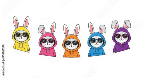 Five adorable cartoon rabbits wearing hoodies and sunglasses in a row