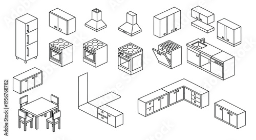 Isometric illustration of various kitchen appliances and furniture pieces