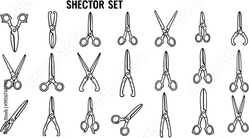 Hand-drawn Outline Set of Various Scissors, Shears, and Specialized Cutting Tools Vector Illustration Collection