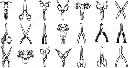 Collection of Hand-Drawn Vintage Shearing Tools, Scissors, Clippers, and RamSheep Head Illustrations