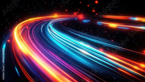 Curving neon light trails in blue, orange and pink racing through a dark starry backdrop, glowing with dynamic futuristic speed and energy