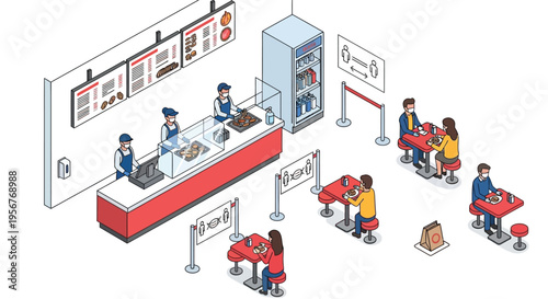 Isometric illustration of a fast food restaurant with customers and staff