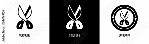 Scissors logo set. Collection of black and white logos. Stock vector.
