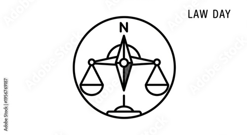 Law day symbol with scales and compass on white background for legal or justice concepts