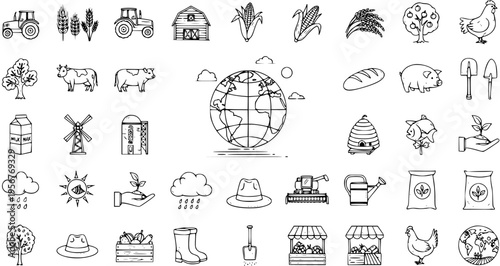 Doodle Hand-Drawn Agriculture and Farming Icons Set. Farm Animals, Crops, Tools, and Food Production Sketches for Rural Life Concepts.