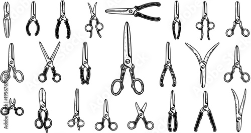 Vintage Hand-Drawn Collection of Scissors, Pliers, and Garden Shears - Essential Cutting and Gripping Tools for Craft, DIY, and Horticulture Projects