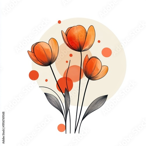 three orange tulip blossoms with slender black stems and leaves over a soft beige circle with scattered orange dots, warm delicate cheerful mood