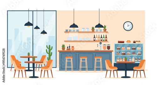 A brightly colored cafe interior with seating a counter and display shelves