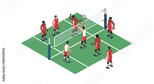 Isometric illustration of a volleyball game in progress with players
