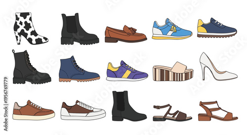 A colorful collection of various shoe styles arranged in rows