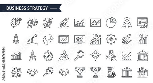 Collection of line icons representing various business strategy concepts