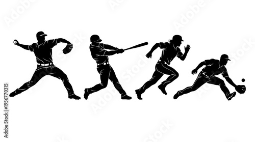 Silhouette of baseball players in action pitcher, batter, runner, and fielder