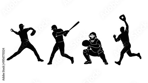 Dynamic silhouette collection of baseball players in various game actions, including pitching, batting, catching, and fielding, ideal for sports design and graphic projects