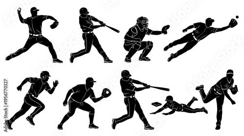 Illustrative silhouettes capturing various baseball player actions including pitching, batting, fielding, and sliding, designed for sports graphics and athletic content