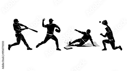 Collection of baseball players in action during a game, showcasing pitching, batting, sliding, and catching in silhouette