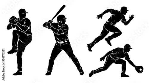 Vector silhouettes of baseball players in action pitcher, batter, runner, catcher. Dynamic illustrations capturing game athleticism and spirit for sports designs