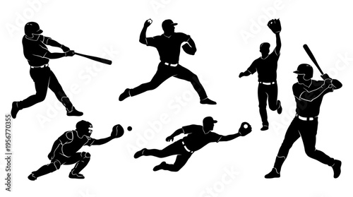 Collection of Silhouettes Representing Baseball Players in Various Action Poses on a White Background