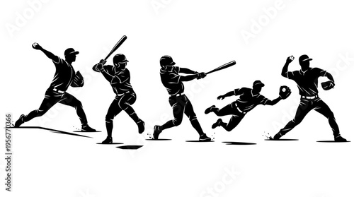 Dynamic sequence of baseball player silhouettes demonstrating key game actions pitching, batting, hitting, and fielding, capturing the energy and athleticism of the sport
