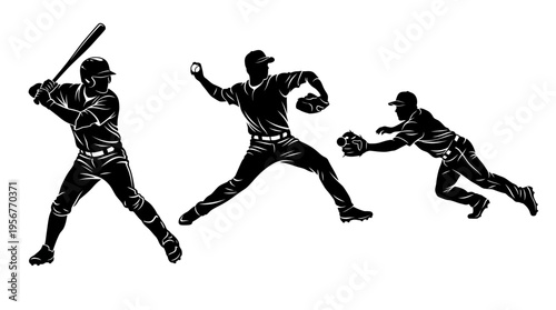Dynamic Silhouettes of Baseball Players in Action Batter, Pitcher, and Catcher Illustrated