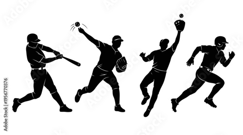 Baseball action silhouettes showing a player batting, pitching, catching, and running the bases during a game