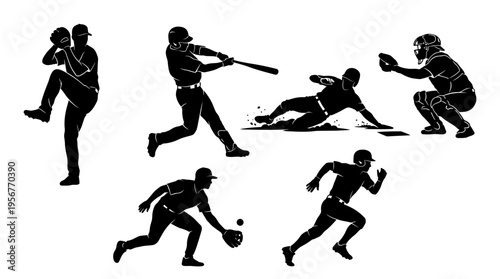 Dynamic silhouettes of baseball players performing various actions including pitching, batting, sliding, catching, fielding, and running, showcasing the sport's energy and athleticism on the field