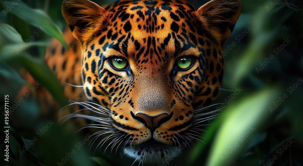 Fototapeta premium close-up portrait of a leopard peering through green jungle foliage with piercing green eyes, spotted orange fur, long whiskers and an intense, alert expression