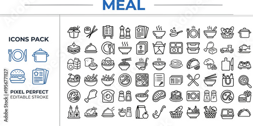 Meal Planning and Dining Outline Vector Icon Set — Food Menu and Restaurant Editable Stroke Icons for Web and App UI