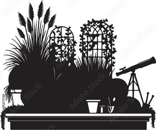 A serene silhouette of a rooftop garden featuring lush plants, decorative trellises, a stargazing telescope, and gardening tools, all set against a white background.
