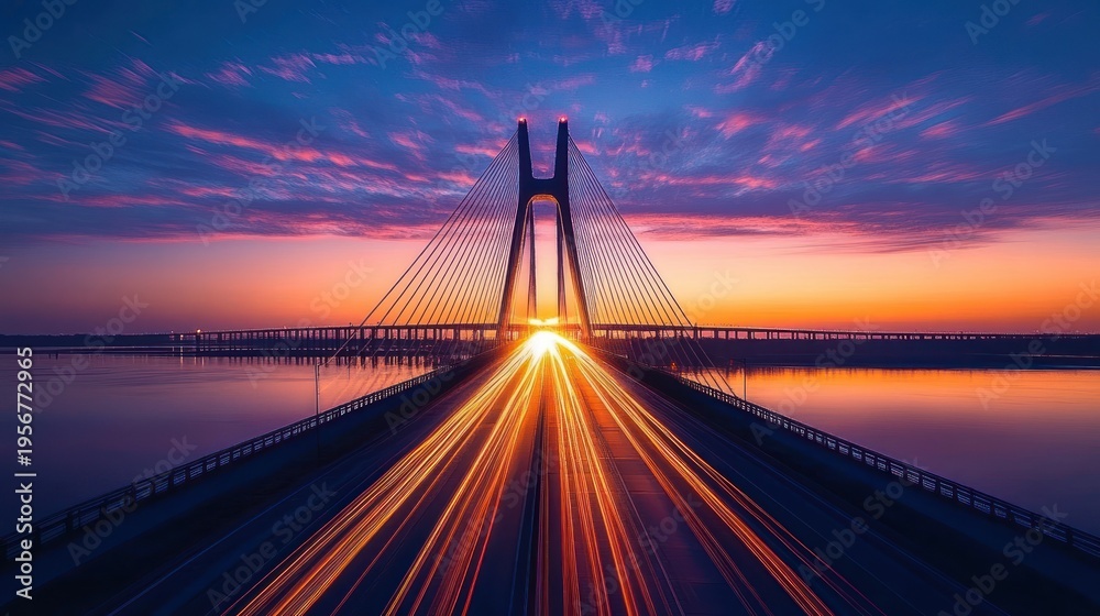 Obraz premium Dramatic cable-stayed bridge at sunset with golden light trails, calm reflective water and vivid purple-orange sky evoking awe