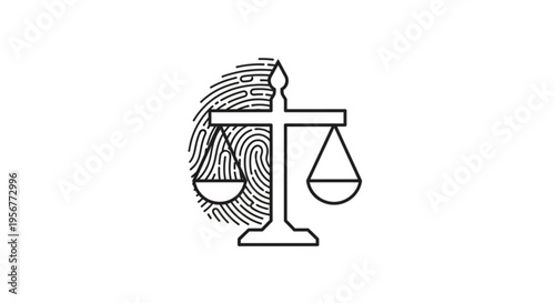 Justice scale with fingerprint symbolizing law and order balance and fairness in a simple line art style on a white background